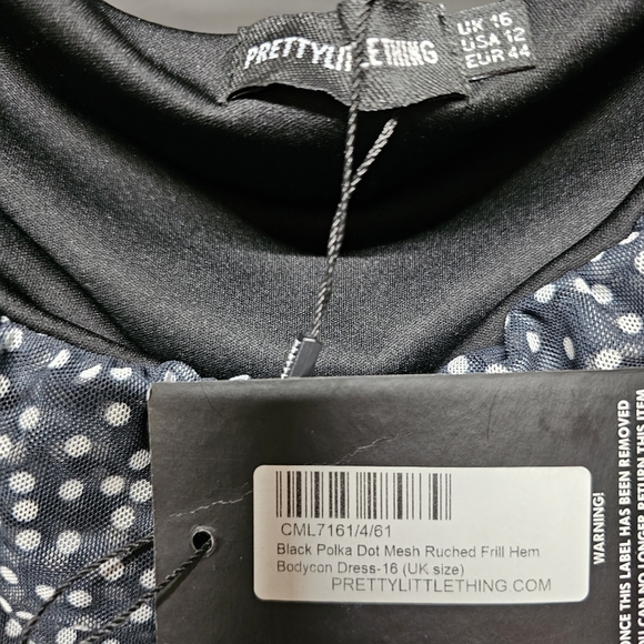 🆕 PRETTYLITTLETHING | Black Polka Dot Mesh Ruched Frill Hem Dress size 12 - Picture 7 of 11